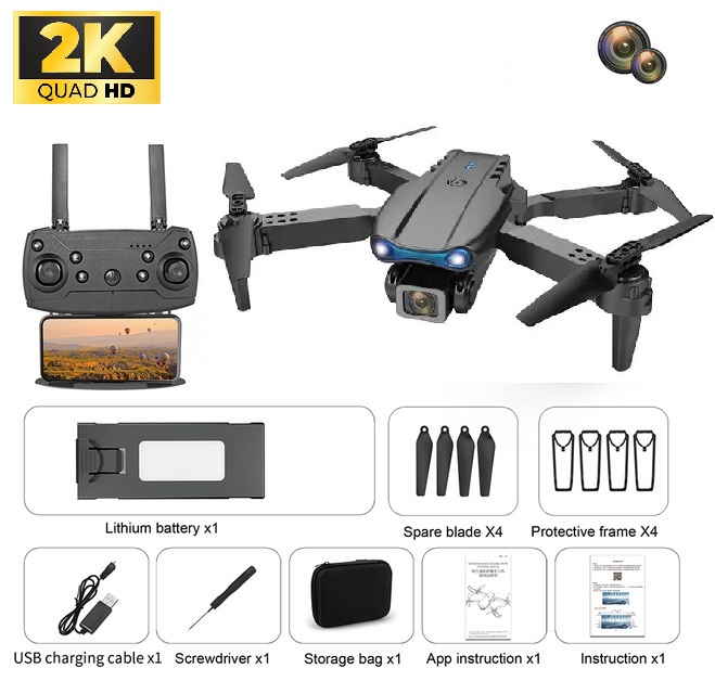 Drone E99 K3 Pro HD 2K Dual Camera Foldable Mini RC WIFI BLACK TS03731