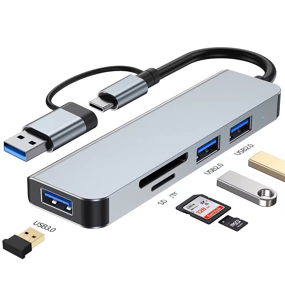 5 In 1 docking USB/USB Type C Hub, With 4 USB Ports, TF/SD Card Reader HDMI Γκρι