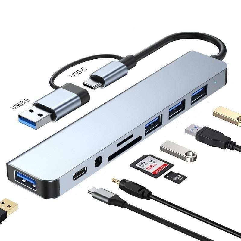 8 In 1 docking USB/USB Type C Hub, With 4 USB Ports, 1 USB C Port, TF/SD Card Reader, 3.5 Audio Output Γκρι