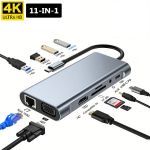 11 In 1 docking USB/USB Type C Hub, With 4 USB Ports, 1 USB C Port, TF/SD Card Reader, 4K HDMI, VGA 3.5 Audio Output Γκρι