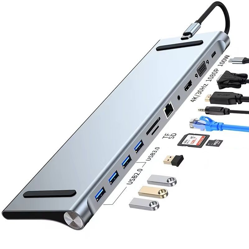 Φωτογραφία από 11 In 1 docking USB/USB Type C Hub, With 4 USB Ports, 1 USB C Port, TF/SD Card Reader, 4K HDMI, VGA 3.5 Audio Output Γκρι